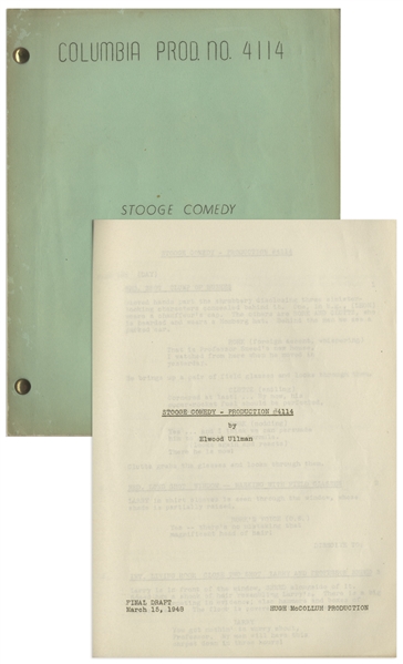 Moe Howard's 29pp. Script Dated March 1948 for The Three Stooges Film ''Fuelin' Around'' -- With Annotation in Moe's Hand & His Signature & Notes on Back Cover -- Very Good Condition